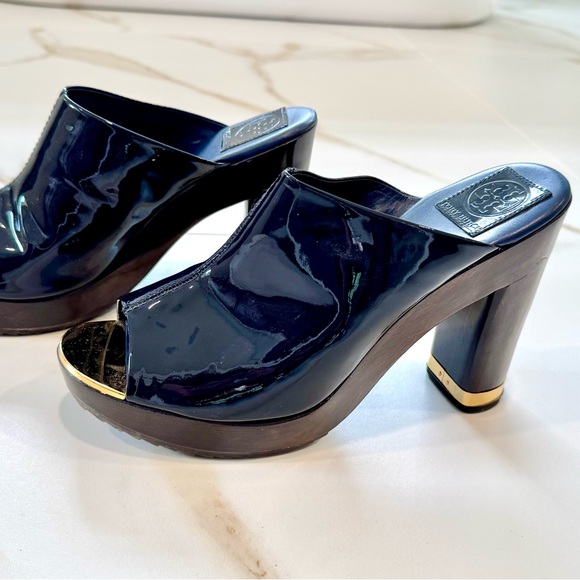 Tory Burch Shoes - NEW Tory Burch Navy Blue Patent with Chunky Dark Wooden Heel and Gold Detail